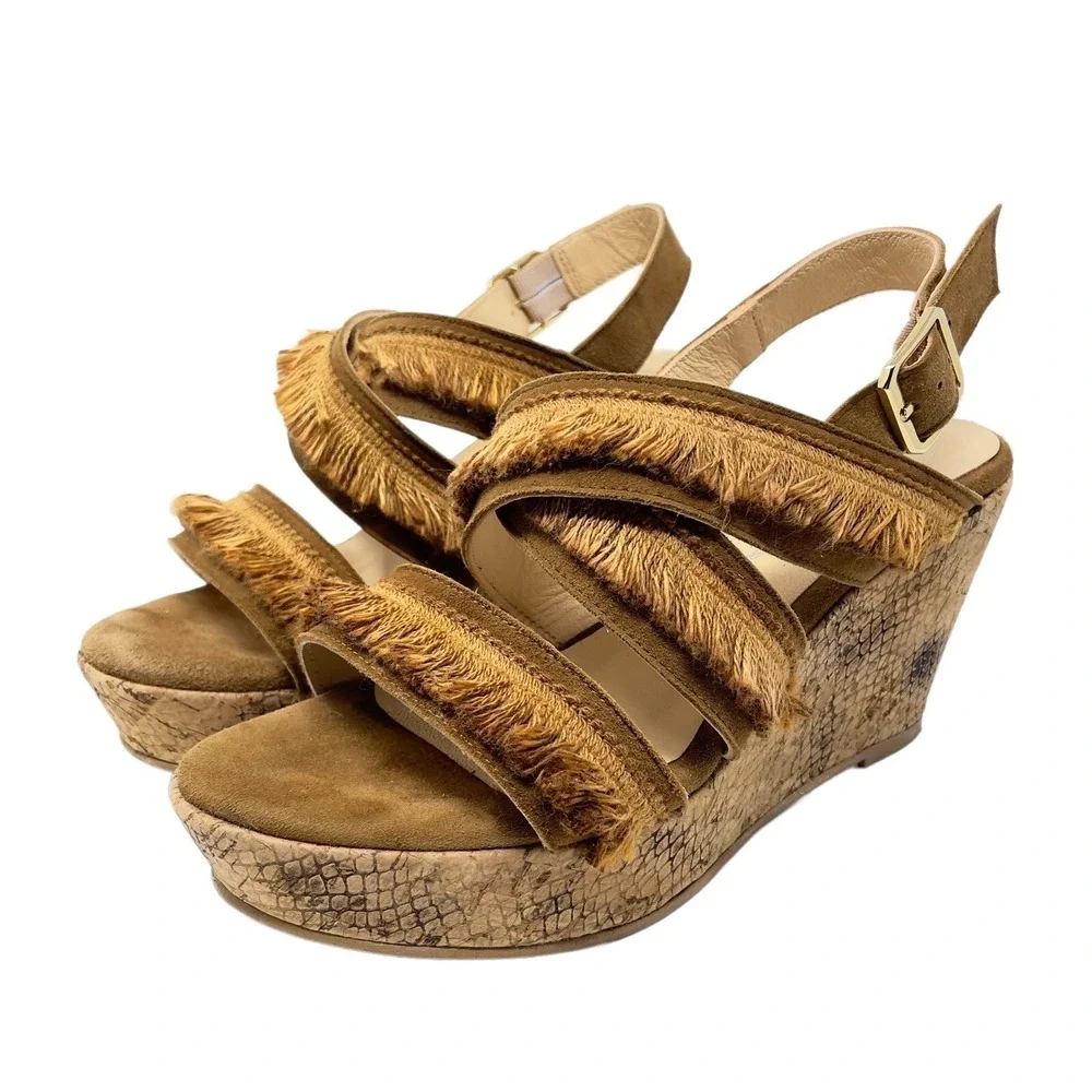 Brenda Zaro Womens Shoes 6US 36EU Tan Leather Fringe Wedge Sandals Western Boho